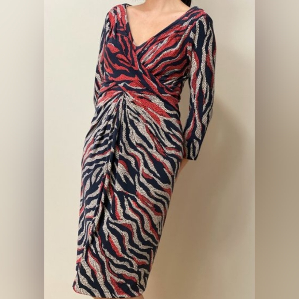 Anne Klein Navy, Red & Cream Printed Long Sleeve Wrap Dress